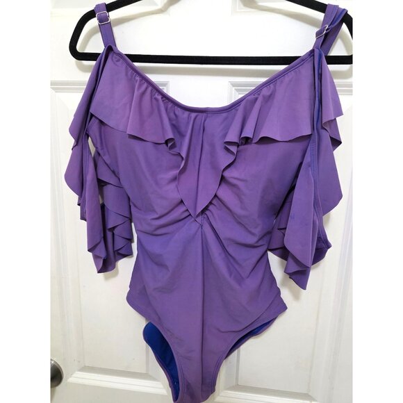 Nicole Miller Womens Purple Off-The-Shoulder Ruffle Swimsuit With Adjustable Str - Picture 2 of 10